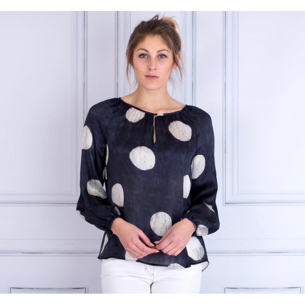 ❤️❤️S O L D❤️❤️Luisa Cerano Silk Blouse size 12 US denim print polka dot